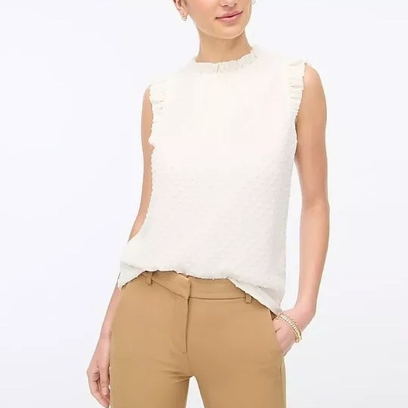 J. Crew Crisp White Swiss Dot Ruffled Mandarin Collar Sleeveless Blouse - Picture 1 of 7